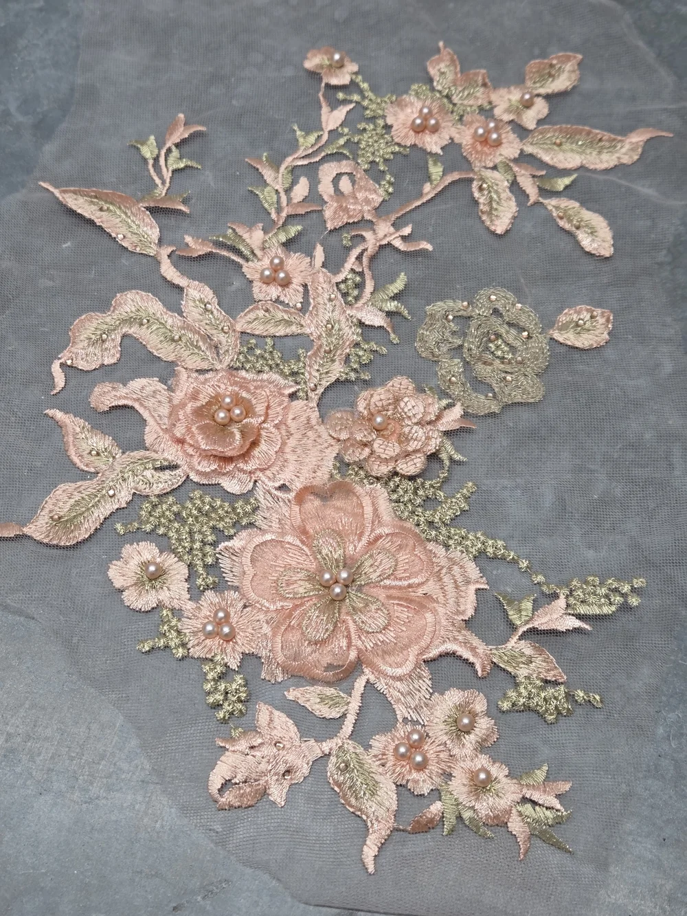 Floral Embroidered Applique Pair in Peach and Silver 3D